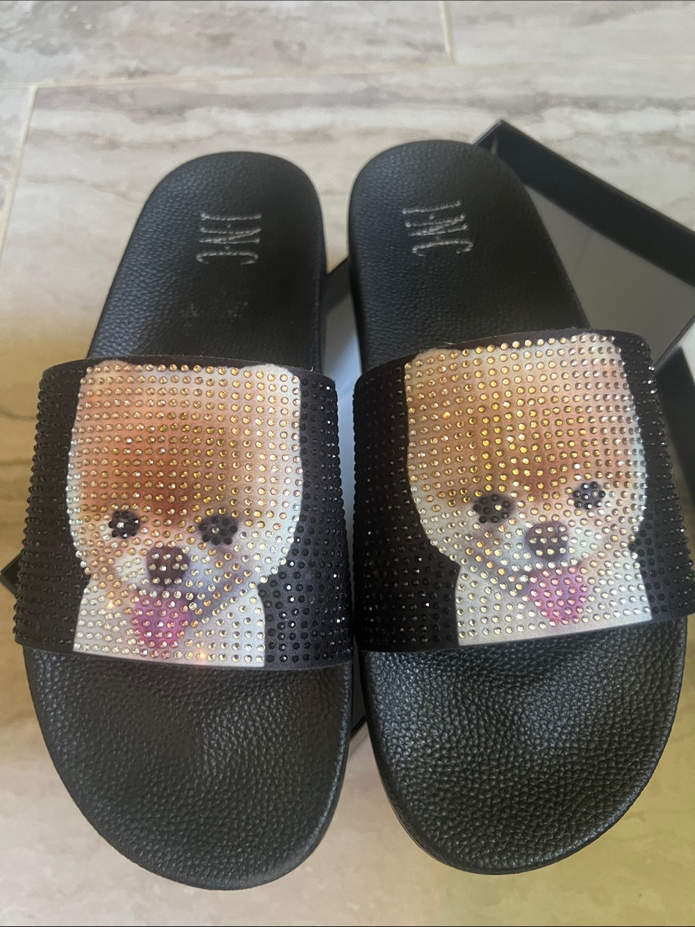 INC International Concepts Black Slide Sandals with Rhinestone Puppy Motif